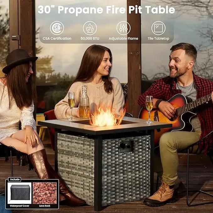 ovios 5 Pieces Patio Furniture Set with 30" Fire Pit Table, Outdoor Wicker Sofa with Loveseat, Comfy Cushions, High Back Couch Conversation Set, Grey Rattan, Denim Blue by GreenHaven Gardens