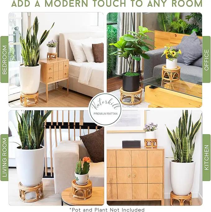 Set of 2 Boho Rattan Woven Round Decorative Risers Plant Stands Indoor, Mid Century Minimalist Modern Plant Stand, Wicker Short Plant Stand Holder Suitable Fits 8'' and 12'' Pots by GreenHaven Gardens
