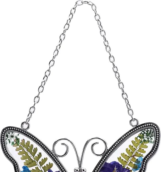 Laraine Butterfly Suncatcher with Pressed Flower Wings Mom Mother's Day Butterfly Glass Wind Chime Ornament Charm with Metal Heart Gifts for Mom Grandma Aunt Birthday (Purple Aunt (with Free Hook)) by GreenHaven Gardens