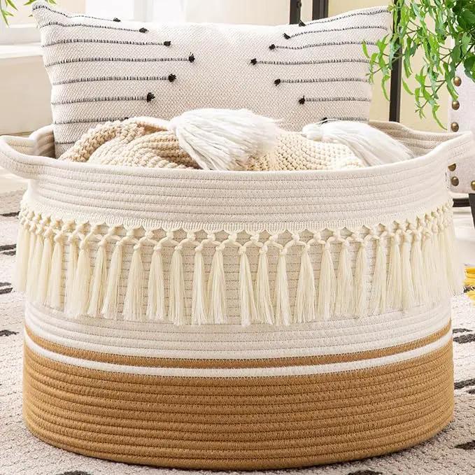KAKAMAY Large Blanket Basket (20"x13"),Woven Baskets for storage Baby Laundry Hamper, Cotton Rope Blanket Basket for Living Room, Laundry, Nursery, Pillows, Baby Toy chest (White Fringe) by GreenHaven Gardens