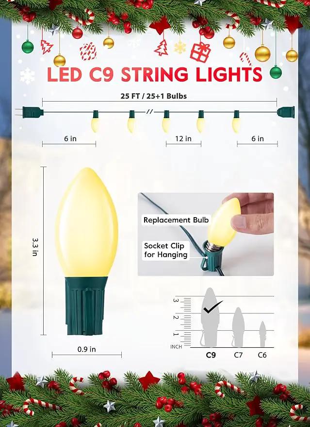 Vintage C9 LED Christmas Lights Outdoor, 25 Feet C9 String Lights with 25 Shatterproof Matte Bulbs, Connectable Waterproof Lights for Holiday Party Roofline Backyard Garden Patio, Warm White by GreenHaven Gardens