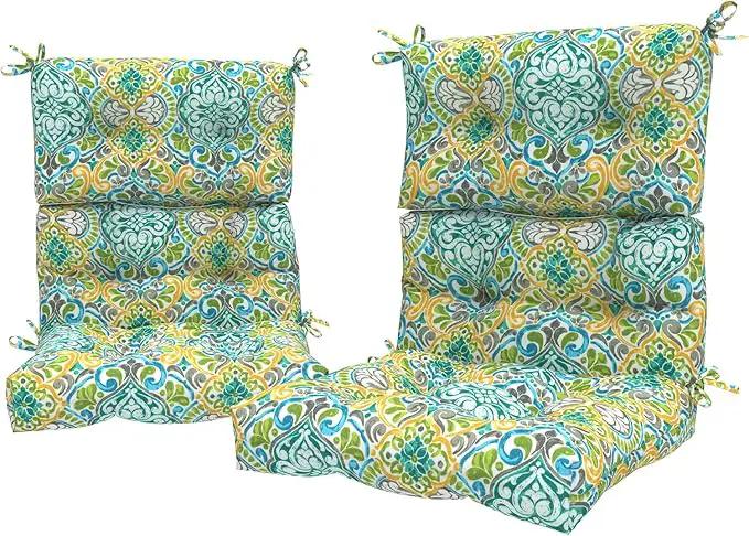 LVTXIII Outdoor Seat/Back Chair Cushion Patio Tufted High Back Cushion, Seasonal Replacement Rocking Chair Cushion with Ties (22” W x 20D”, Set of 2, Damask Green) by GreenHaven Gardens