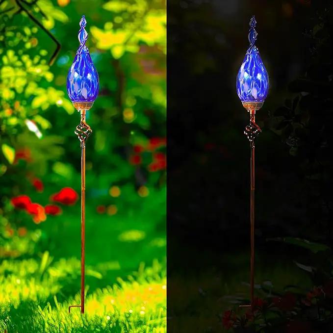 Solar Garden Lights, Decorative LED Flame Garden Stakes, Hand Blown Glass and Outdoor Waterproof Glass Stakes (Dark Blue) by GreenHaven Gardens