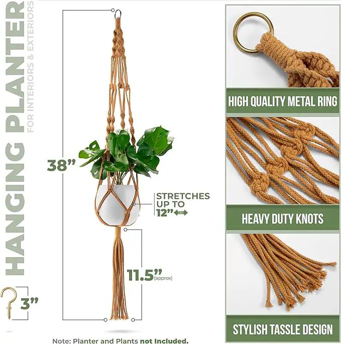 Sorbus Macrame Plant Hanger (4 Pack) Indoor Outdoor Hanging Plant Pots Cotton Rope, Elegant for Home, Patio, Garden (Brown) by GreenHaven Gardens
