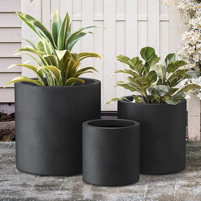 Kante 9.8",12.6",15.7" Dia Round Concrete Planter Set of 3, Modern Style Large Cylindrical Plant Pot with Drainage Hole and Rubber Plug for Indoor Outdoor Patio, Black by GreenHaven Gardens
