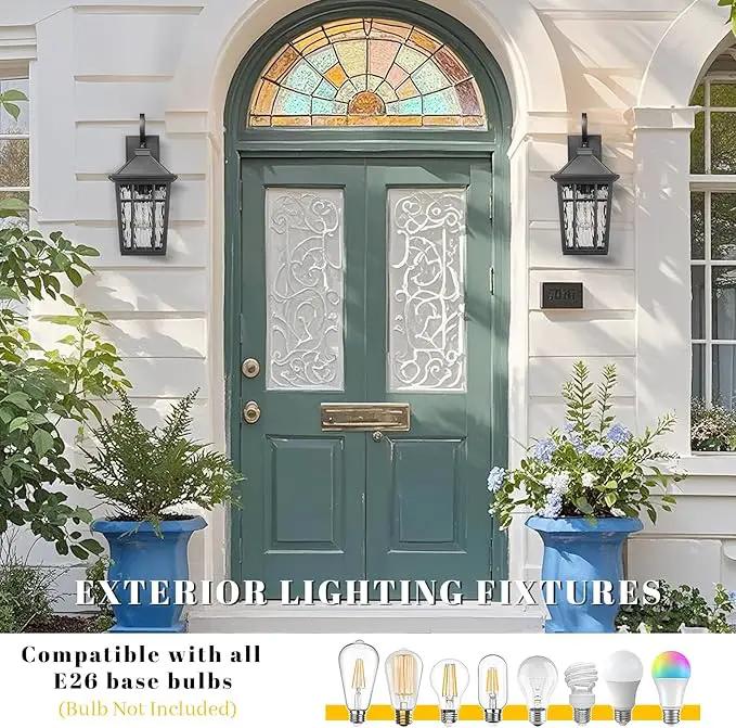 Outdoor Light Fixture 14 Inch Height Outside Wall Lights Black Finish and Water Ripple Glass Exterior Lights for House Garage Porch and Garden E26 Socket 2-Pack by GreenHaven Gardens