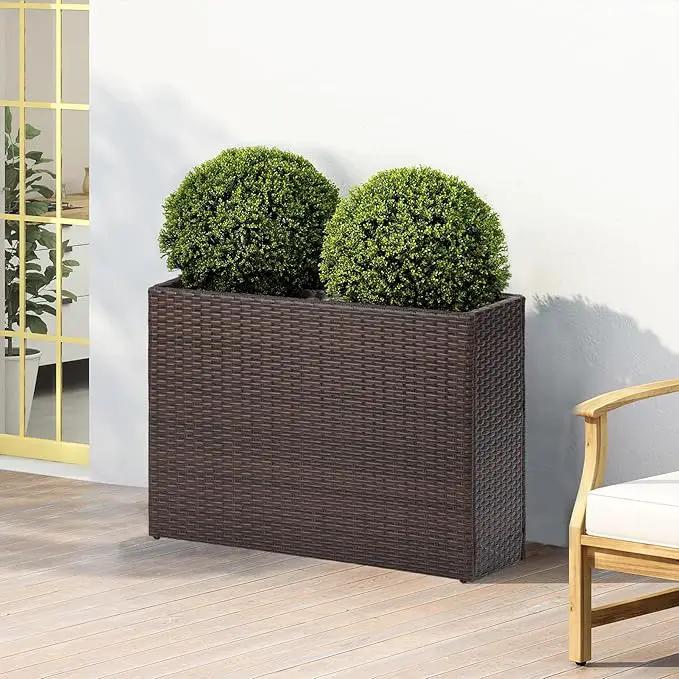 LEWIS&WAYNE Large Rectangular Block Planter Box Handmade Wicker Tall Planters for Outdoor Plants with Removable Liners Modern Planter for Indoor Outdoor Patio Deck - Brown, 32''x11''x24'' by GreenHaven Gardens
