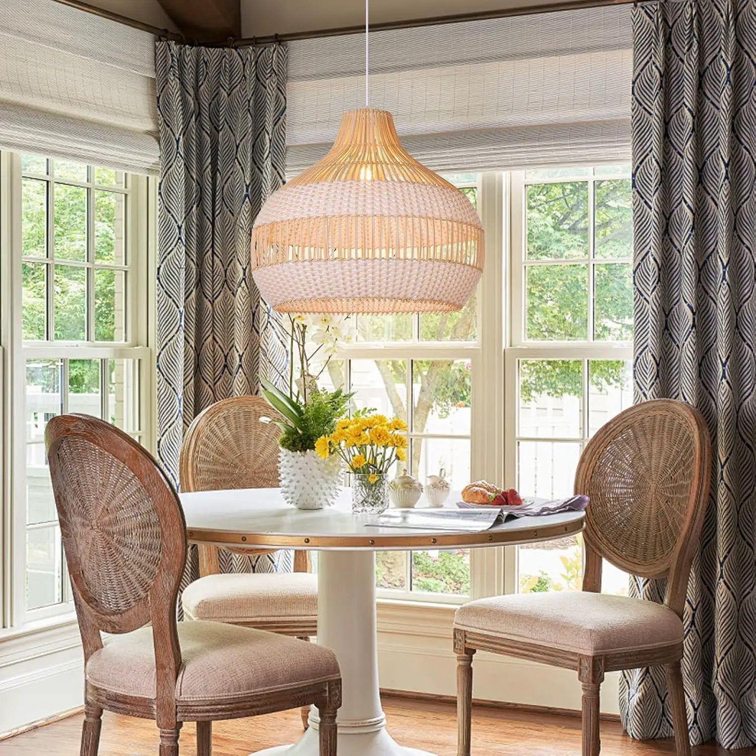 Arturesthome Woven Pendant Light 19.65" White Dining Room Lighting Adjustable Natural Rattan Pendant Lighting with Plastic for Restaurants Sitting Room by GreenHaven Gardens