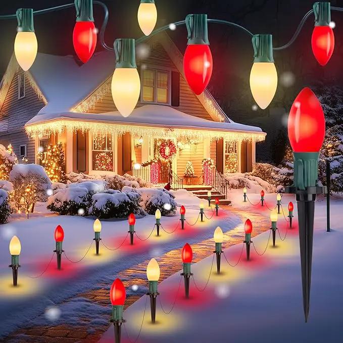 Brightown Frosted C9 LED Christmas Lights Outdoor, 32Ft Christmas Pathway Lights with 25 LED Bulbs and Stakes, Christmas Decorations Outside Driveway Walkway Sidewalk, Red and Warm White by GreenHaven Gardens