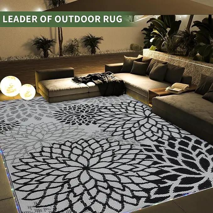 Outdoor Rug 9x12 ft with LED Light, Waterproof Reversible Outdoor Plastic Straw Rug for Patios Clearance, Large Outdoor Area Rug Carpet RV Mat for Camping Backyard Deck Porch Beach by GreenHaven Gardens