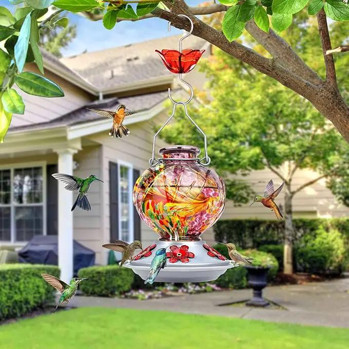BOLITE Hummingbird Feeder, Hand Blown Glass Hummingbird Feeders for Outdoors Hanging, with Ant Moat and 5 Feeding Ports, 22 Ounces, Peony Flower Shape, Purple, Gifts for Women Men, Gifts for Mom Dad by GreenHaven Gardens