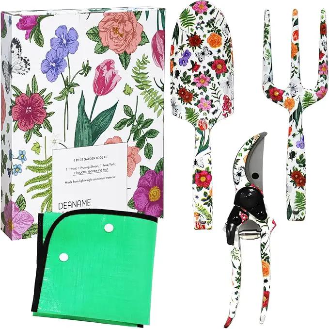Garden Tool Set, 4 PCS Heavy Gardening Kit Heavy Duty Floral Hand Tools, Fancy Gifts for Women, Including Trowel, Sharp Pruner, Hand Rake, and Mat (White Set) by GreenHaven Gardens