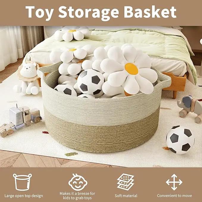 125L Extra Large Blanket Basket, 25" x 16", Jumbo Laundry Woven Baskets Decorative Home, Cotton Rope Basket with Handles, Baby Toy Baskets for Storage, White & Brown,2PC by GreenHaven Gardens