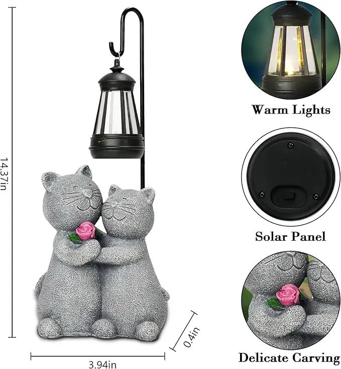 Cat Garden Statues with Solar Lantern Romantic Resin Kitty Couple Holding Rose Funny Cat Decor Gifts for Women Cats Figurines for Yard Lawn Porch Patio Decor by GreenHaven Gardens