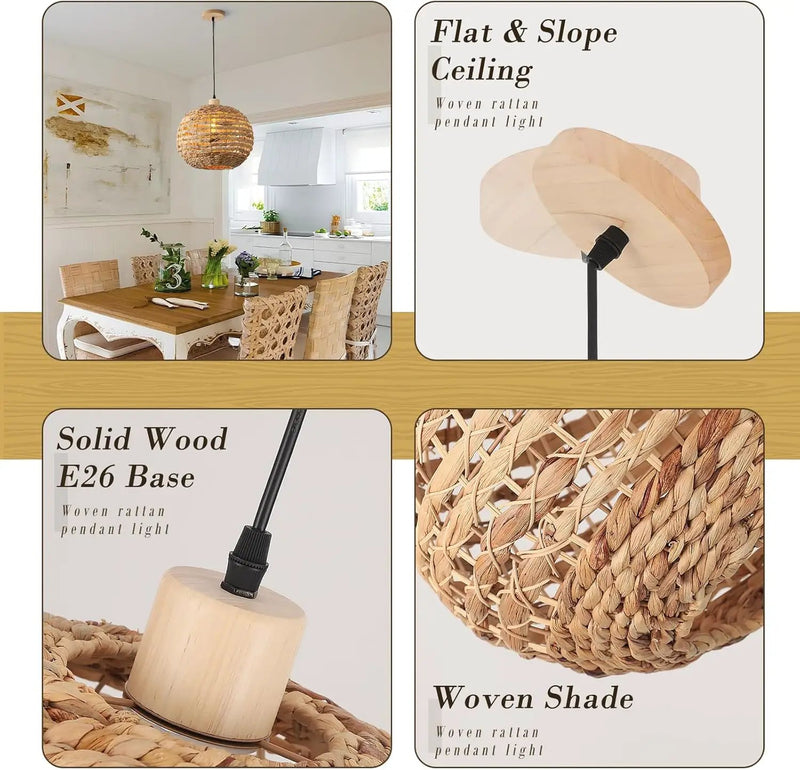 Boho Pendant Lights Kitchen Island Rattan Lights Fixture for Dining Room 15.8" Hand-Woven Chandelier Weaving Hanging Ceiling Light for Restaurant Living Room Bedroom Foyer Hallway by GreenHaven Gardens