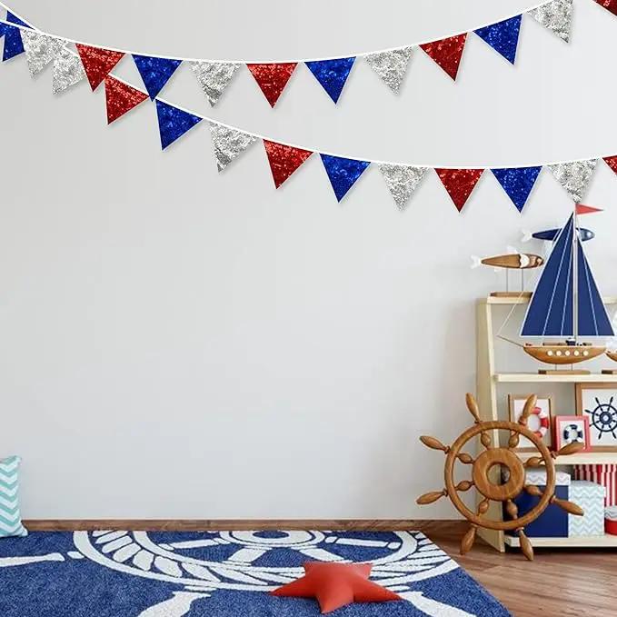 pinkblume Red Blue Silver Decorations Double Sided Sequin Fabric Triangle Pennant Banner Flag Bunting Garland for Nursery Classroom Home Bedroom Wall 4th of July American Veterans USA Holiday Decor by GreenHaven Gardens