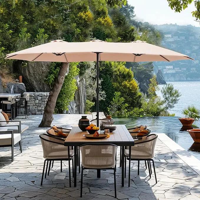 GREEN PARTY 15 ft Rectangle Patio Umbrella with Base Included, Double-Sided Table Umbrella with Crank, Large Outdoor Umbrellas for Patio Poolside Garden Backyard, Beige by GreenHaven Gardens