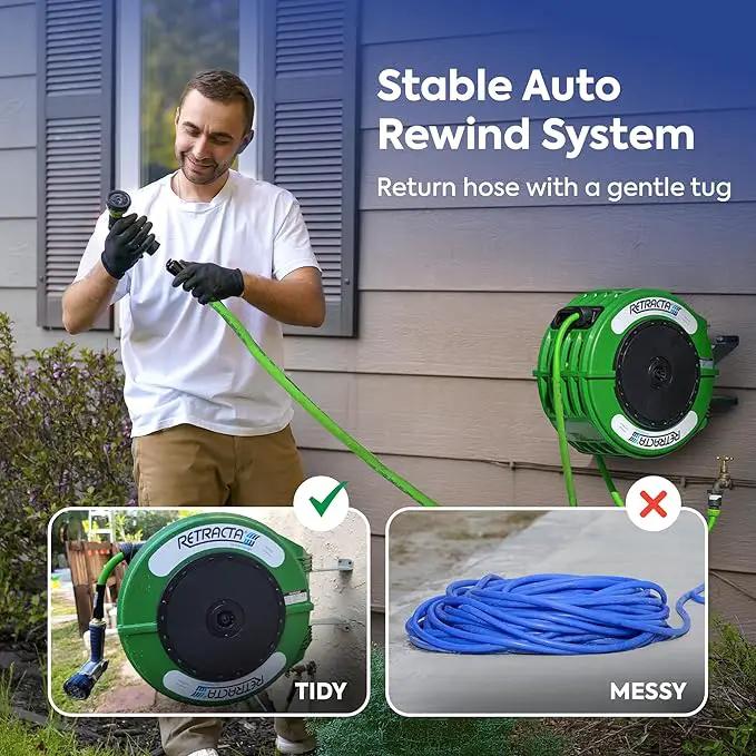 Macnaught Retractable Garden Hose Reel, 60 Ft Water Hose Reel Heavy Duty Retractable Hose with Metal 180° Swivel Rotation Bracket for Wall Mount - Green by GreenHaven Gardens