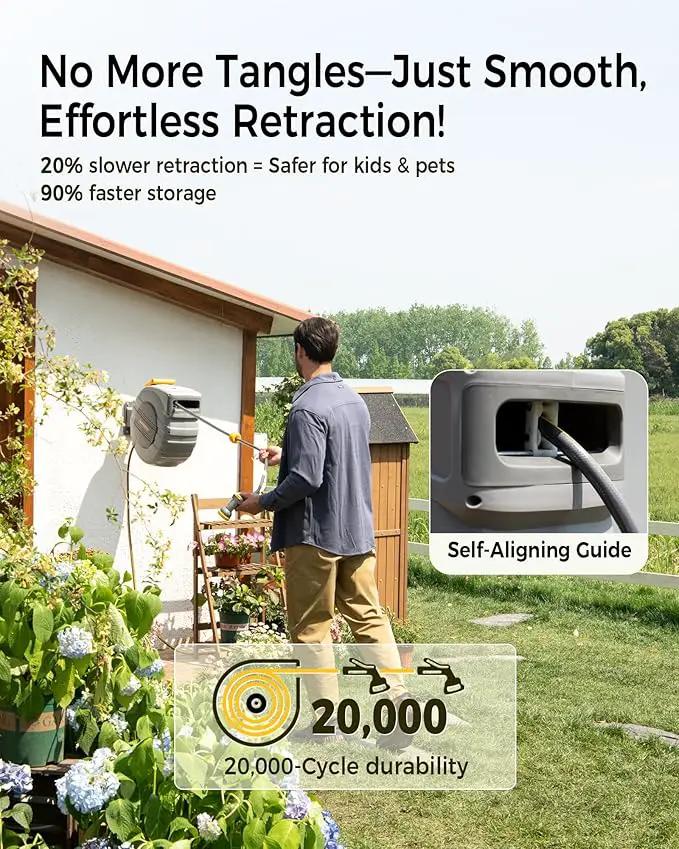 Retractable Garden Hose Reel 5/8 in x 100 ft Metal Bracket, 2025 Upgraded Dual Ratchet Lock UV & Freeze Protection Brass Seal Slow Retraction Anti-Tangle Hose 180°Swivel by GreenHaven Gardens