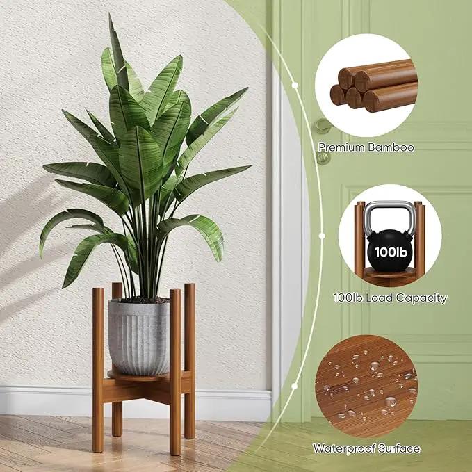 2 Pack Adjustable Plant Stand, Bamboo Plant Stand Indoor with Tray, Wood Plant Stand for 8 to 12 inches Flower Pots, Single Mid Century Modern Plant Stand for Indoor Plants, Walnut by GreenHaven Gardens