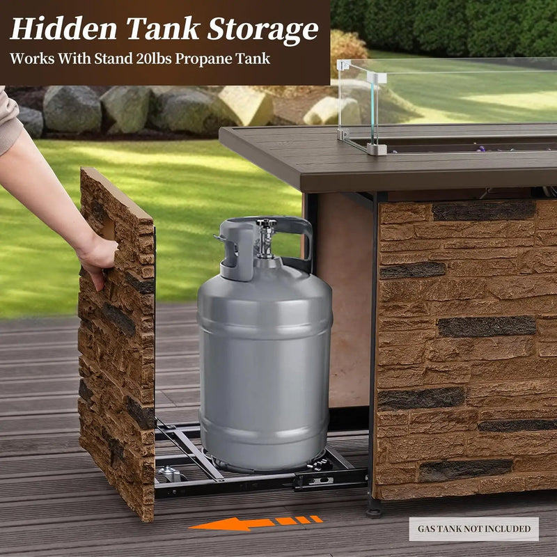 43” Propane Fire Pit Table Outdoor Rectangular Stone Firepit Table 50,000 Btu Propane Fire Tables for Outside Patio with Glass Wind Guard, Lid, Fire Glass Beads,Brown Rock Look by GreenHaven Gardens