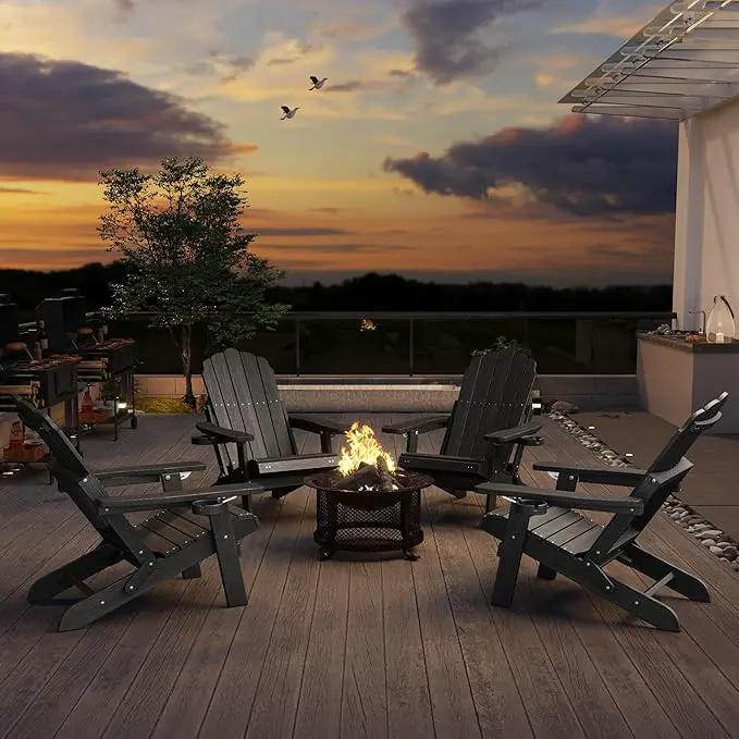 Adjustable Backrest Folding Adirondack Chair Set of 4, Adirondack Chair with Retractable Ottoman, Weather Resistant Fire Pit Chair with 2 Cup Holders, for Porch Backyard Outdoor Lawn, Black by GreenHaven Gardens