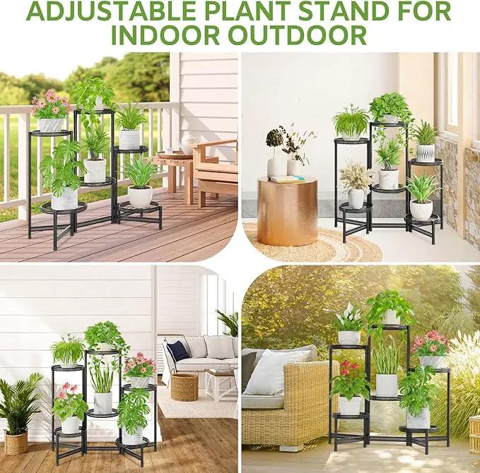 iDavosic.ly 6 Tier Large Plant Stand Indoor with 10-Inch Wide Drainage Tray, Tiered Corner Metal Outdoor Flower Display Holder Shelf, Folding Tall Rack for Patio Porch Balcony, Black Iron Carving by GreenHaven Gardens