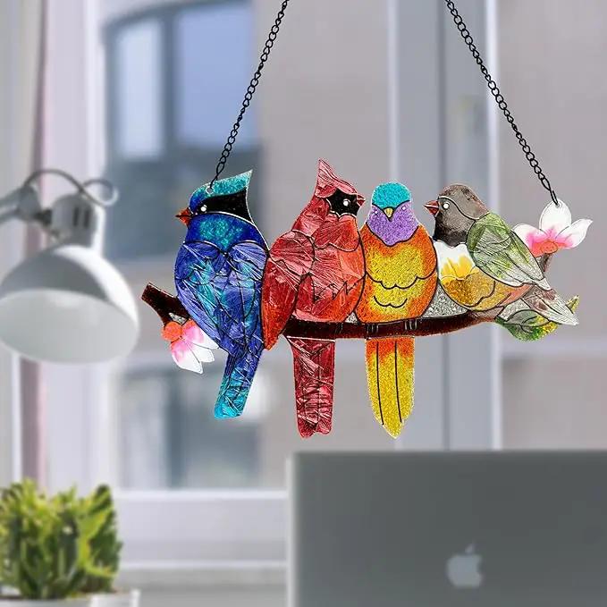 Stained Glass Window Hanging - Large Suncatcher Stained Glass Birds on Branch, Sun Catchers for Indoor Window Doors Room Home Decoration Hummingbird Gifts for Bird Lovers by GreenHaven Gardens
