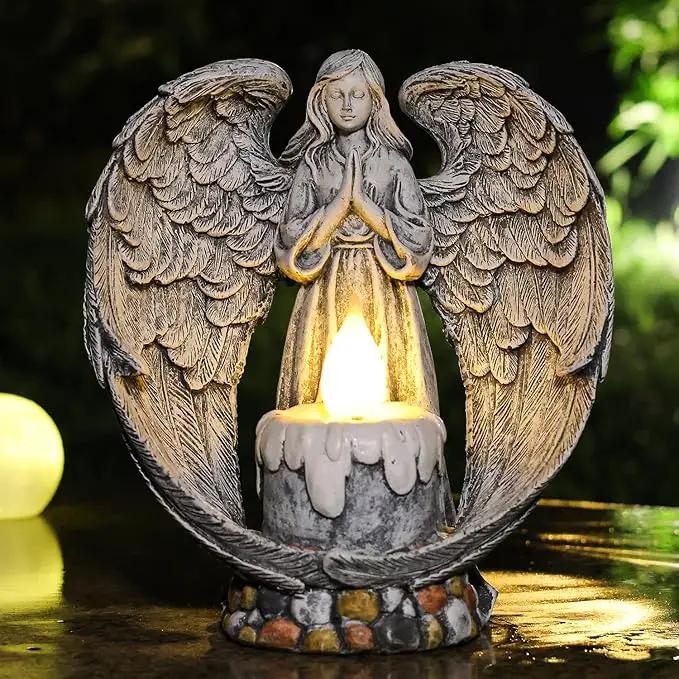 Angel Garden Statues Outdoor Cemetery Decorations for Grave Take The Cross Praying Wings Angel Figurine Cemetery Lights Patio Lawn Yard Porch Decorations 10.24 Inch by GreenHaven Gardens