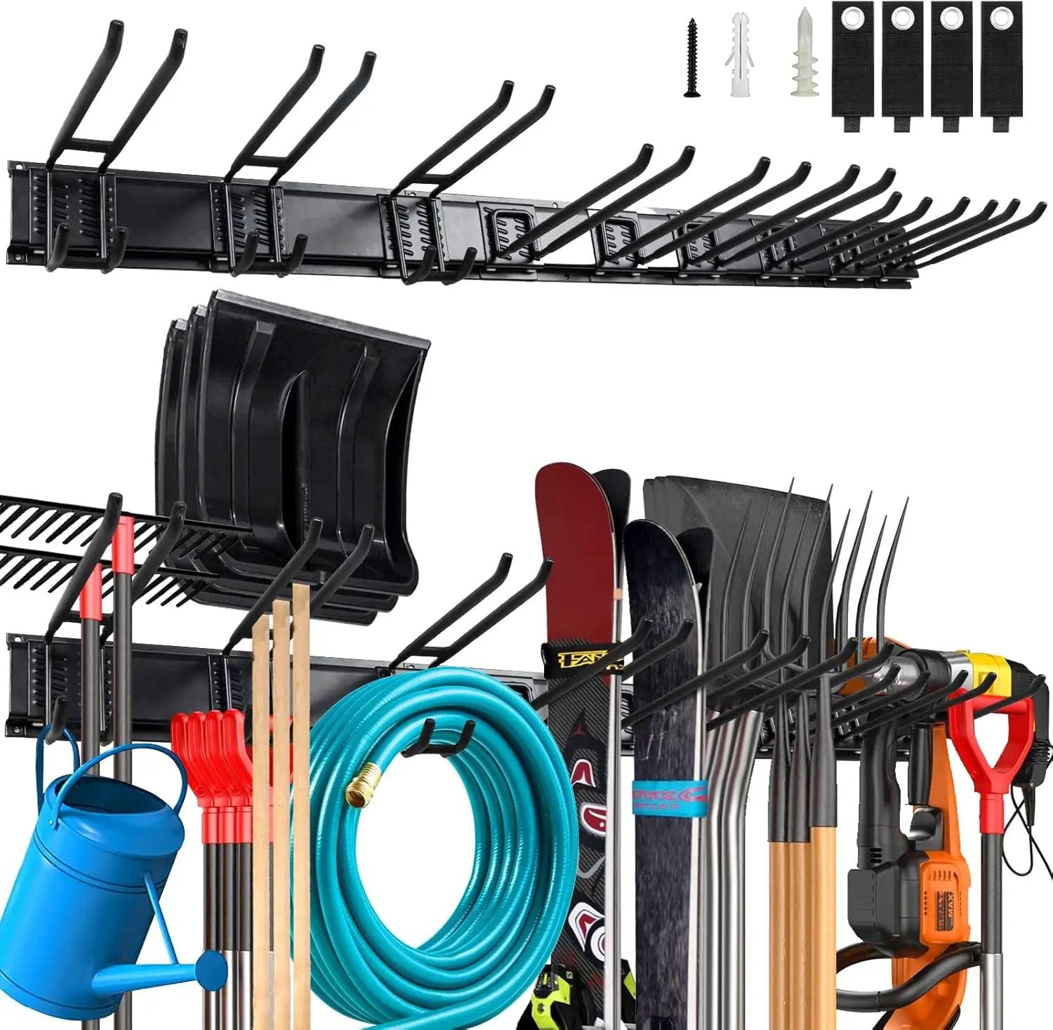 Wall Mount Garden Tool Organizer 68 Inches Max Load 730lbs Garage Storage, Garage Organization, Adjustable with 9 Heavy Duty Hooks and 4 Cable Ties, Yard Shed and Power Tool Organizer Rack by GreenHaven Gardens