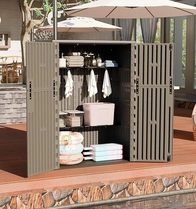 HOMSPARK Outdoor Storage Shed Weather Resistance, Patio Storage Cabinet Lockable Resin Tool Shed for Storage of Bike, Trash Cans, Garden Tools (Shallow Coffee, 66 Cu.ft) by GreenHaven Gardens