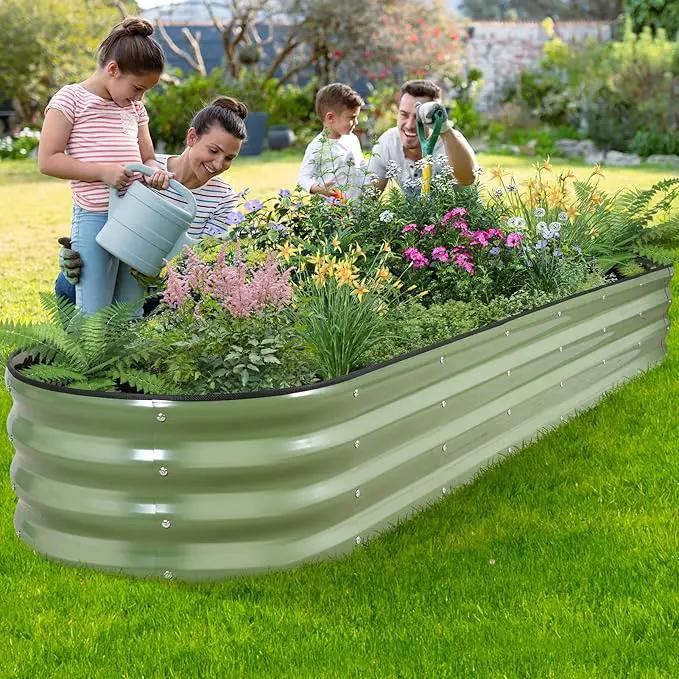 Galvanized Raised Garden Bed - 8×2×1ft Planter Raised Beds for Gardening | Oval Metal Garden Planter Box with Safety Edging and Bracing Rods for Vegetables Fruits and Flowers Oliver Green by GreenHaven Gardens
