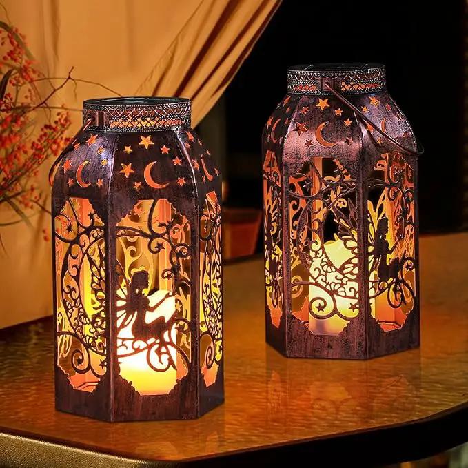 Solar Lanterns Outdoor Garden Hanging Lantern Waterproof LED Metal Bronze Moon Fairy Lantern Waterproof Flickering Flameless Candle Mission Lights for Table,Patio,Mother's Day Gift(2Pack) by GreenHaven Gardens