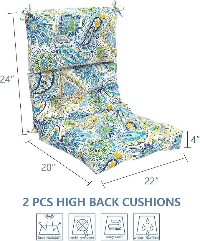 LVTXIII 2 Pack Outdoor/Indoor High Back Chair Cushions, Deep Seat Patio Seat and Back Cushion Set, Stuffed High Rebound Foam Rocking Chair Cushions, 44”x22”x4”, Paisley Blue by GreenHaven Gardens