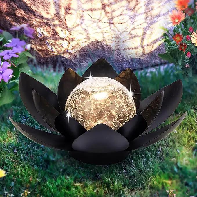 Huaxu Solar Lights Outdoor Garden Decor Metal Black Lotus Decoration, Crackle Globe Glass Waterproof LED Outside Table Lamp for Patio,Lawn, Yard,Walkway,Tabletop,Ground Gifts for Mom by GreenHaven Gardens