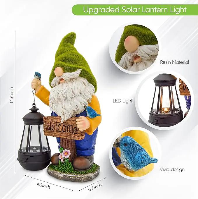 Garden Gnomes Outdoor - Flocked Gnome Statue Holding Lantern with Solar LED Lights | Gnomes Garden Decorations for Patio, Yard, Lawn Ornaments - Gnome Gifts by GreenHaven Gardens
