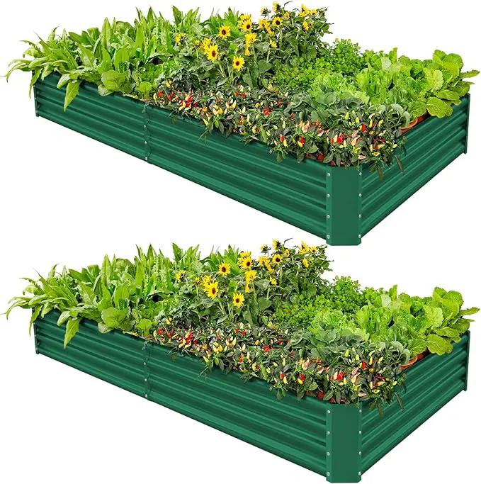 Land Guard 2 Pack 8×4×1ft Galvanized Metal Raised Garden Bed, Metal Planter Kit Box Outdoor for Deep-Rooted Vegetables, Flowers, Green and Herbs (Green) by GreenHaven Gardens