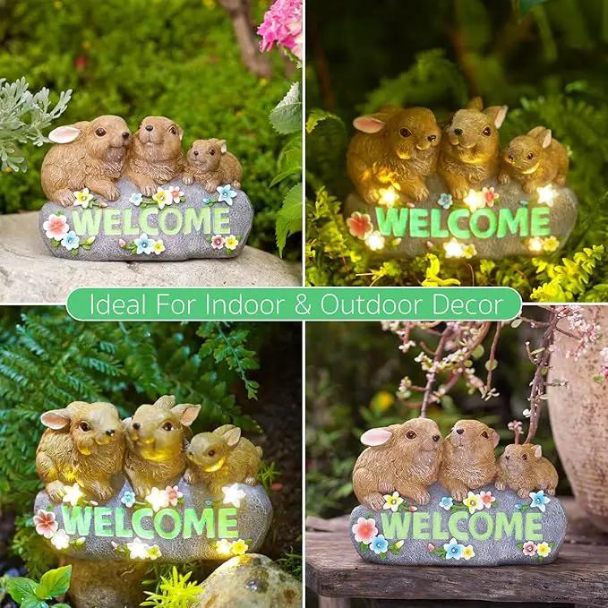 Solar Rabbits with Welcome Sign - Outdoor Bunny Decor with Solar LED Lights - Rabbit Garden Decor & Outdoor Light-Up Gifts for Women, Moms or Birthdays by GreenHaven Gardens