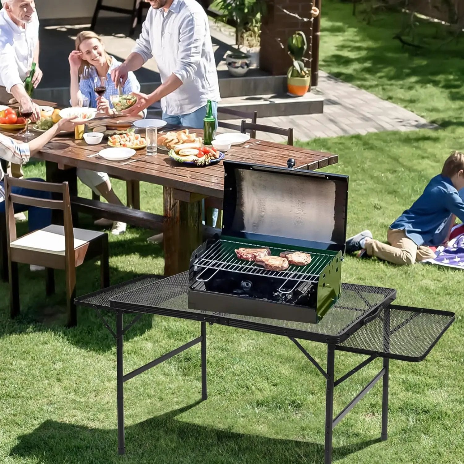 Folding Grill 4.4 FT Portable Camping Table with 2 Wing Panels, Height Adjustable Metal Outdoor Table with Mesh Desktop and Mesh Bag, Picnic, Beach and BBQ, Party, Black by GreenHaven Gardens