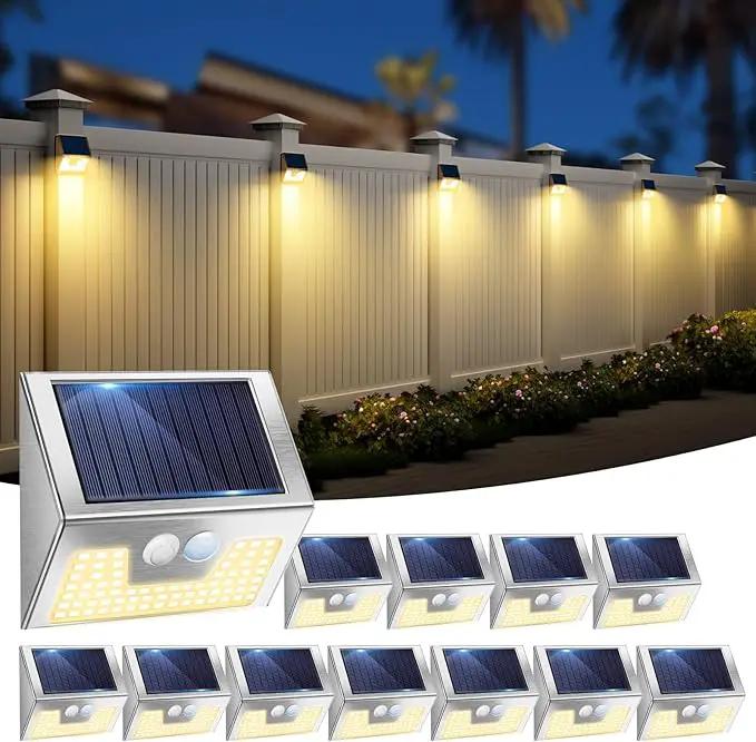 12 Pack Solar Lights Outdoor Motion Sensor, Waterproof Fence Lights 3 Lighting Mode, Warm White LED Outside Lights Wireless for Fence Wall Yard Steps Stairs Garden - Stainless Steel by GreenHaven Gardens