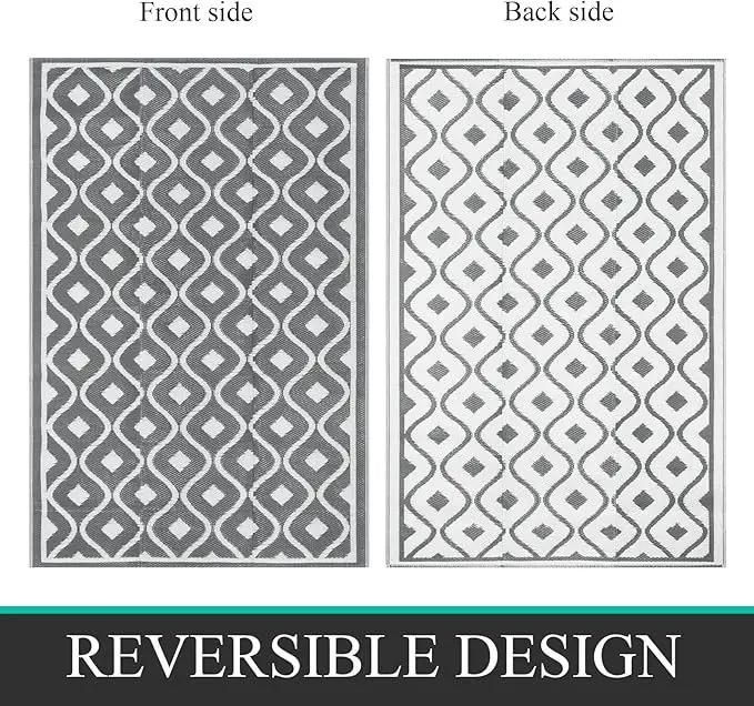 Pauwer Waterproof Outdoor Rug 6x9, Reversible Plastic Straw Patio Camping Rug, Indoor Outdoor RV Mat Carpet for Deck, Camper, Porch, Balcony, Backyard, Picnic, Geometric Grey by GreenHaven Gardens