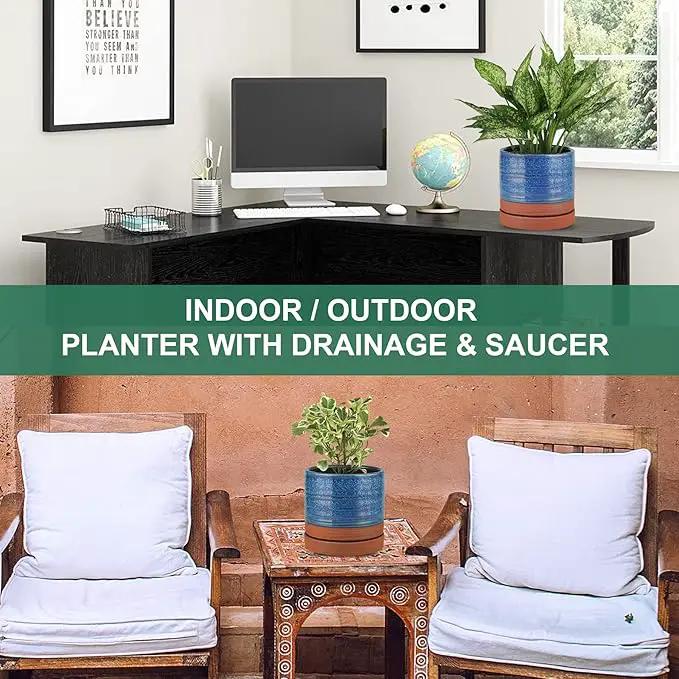 6 Inch Plant Pots, Ceramic Planter Pot with Drainage Hole & Saucer, Indoor/Outdoor Cylinder Round Planter Pot, Aqua Blue & Terracotta Red by GreenHaven Gardens