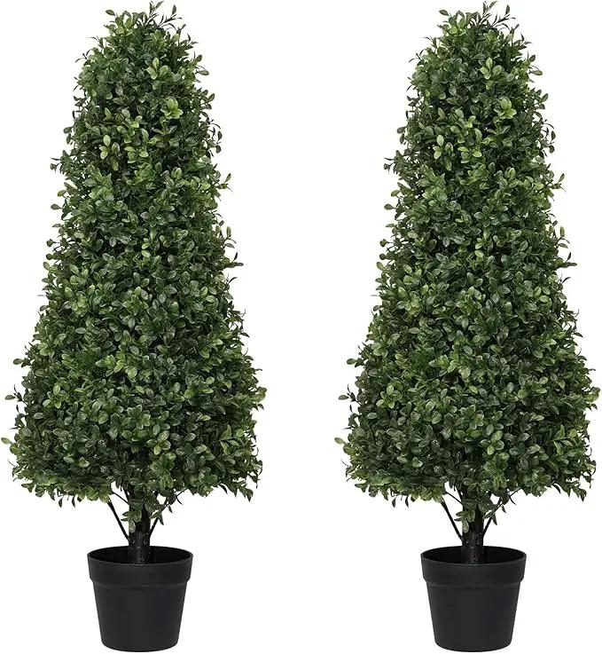 3ft Artificial Boxwood Topiary Trees (Set of 2) - UV Resistant Faux Plants Outdoor, Realistic 36" Fake Cone Bushes and Shrubs for Front Porch, Planter, Patio - Low Maintenance & Evergreen by GreenHaven Gardens