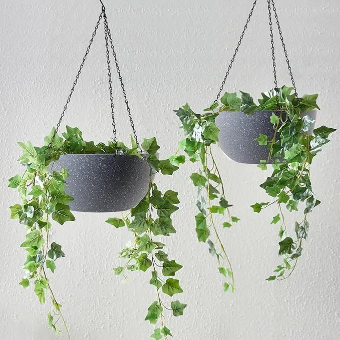 WOUSIWER 13 inch 2 Pack Large Hanging Planters for Indoor Outdoor Plants with Drainage Holes and Chain, Round Hanging Flower Pots for Garden Home Porch Decor, Grey Speckles by GreenHaven Gardens