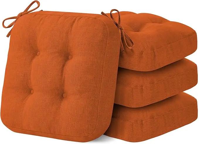 Chair Cushions for Dining Chairs, Dining Chair Cushions, Tufted Indoor Chair Pads with Ties & Non Slip Backing, Seat Cushions for Kitchen Chairs 16.5” x 16.5” x 3.5”, Set of 4, Orange by GreenHaven Gardens