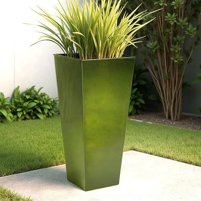 WORTH Garden 25" Large Metal Glazed Planter Set of 2, Luxurious Glossy Finish Green Tall Square Tapered Steel Plant Pots, Decor Flower Pot Indoor & Outdoor, Drainage Hole & Dual-Purpose Plant Saucer by GreenHaven Gardens