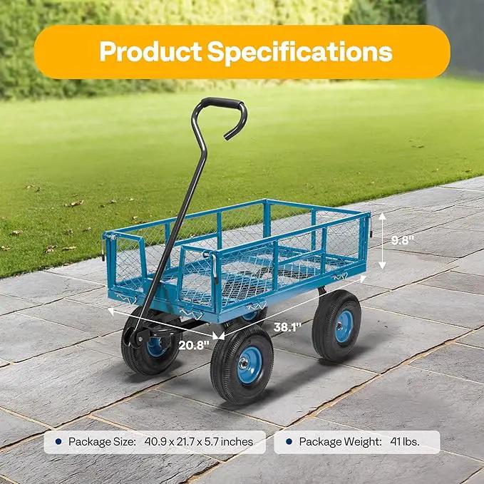 VIVOHOME Heavy Duty 880 Lbs Capacity Mesh Steel Garden Cart Folding Utility Wagon with Removable Sides and 4.10/3.50-4" Wheels 10 inch Tire (Blue) by GreenHaven Gardens