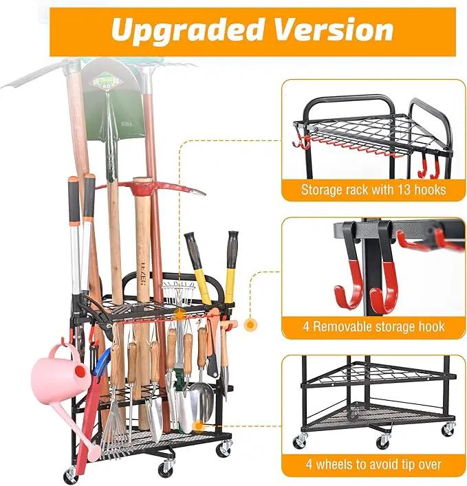 PLKOW Garden Tool Organizer with Wheels and Storage Hooks, Rolling Corner Tool Storage Rack for Garden, Shed, Garage, Powder Coated Steel, Black by GreenHaven Gardens