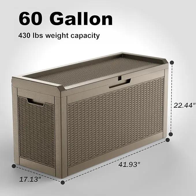 60 Gallon Resin Deck Box, Lockable Outdoor Storage Box for Patio Cushions Storage Furniture,Garden Tools, Pool Supplies, Weatherproof and UV Resistant (Grey Rattan) by GreenHaven Gardens