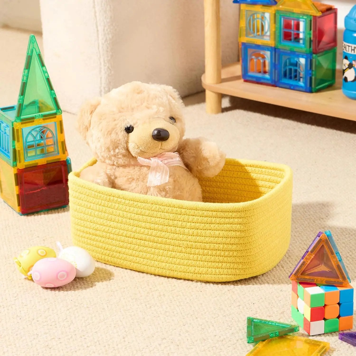 Small Storage Baskets for Organizing | Closet Organizer Bins | Shelf Toy Basket | Woven Rope Baskets | Cube Decorative Box | Shallow Basket | 11.5x7.5x4.7” | 4 Packs Yellow by GreenHaven Gardens